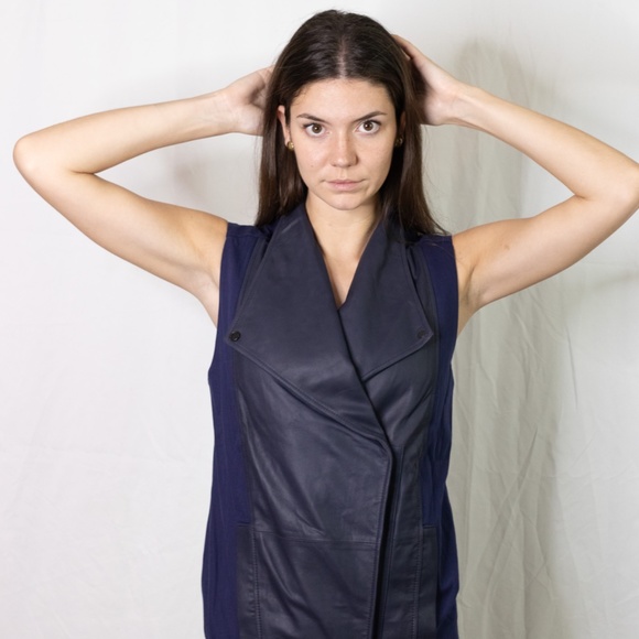 Vince Navy Blue Leather Front Vest Jacket *NEW* - Picture 4 of 10